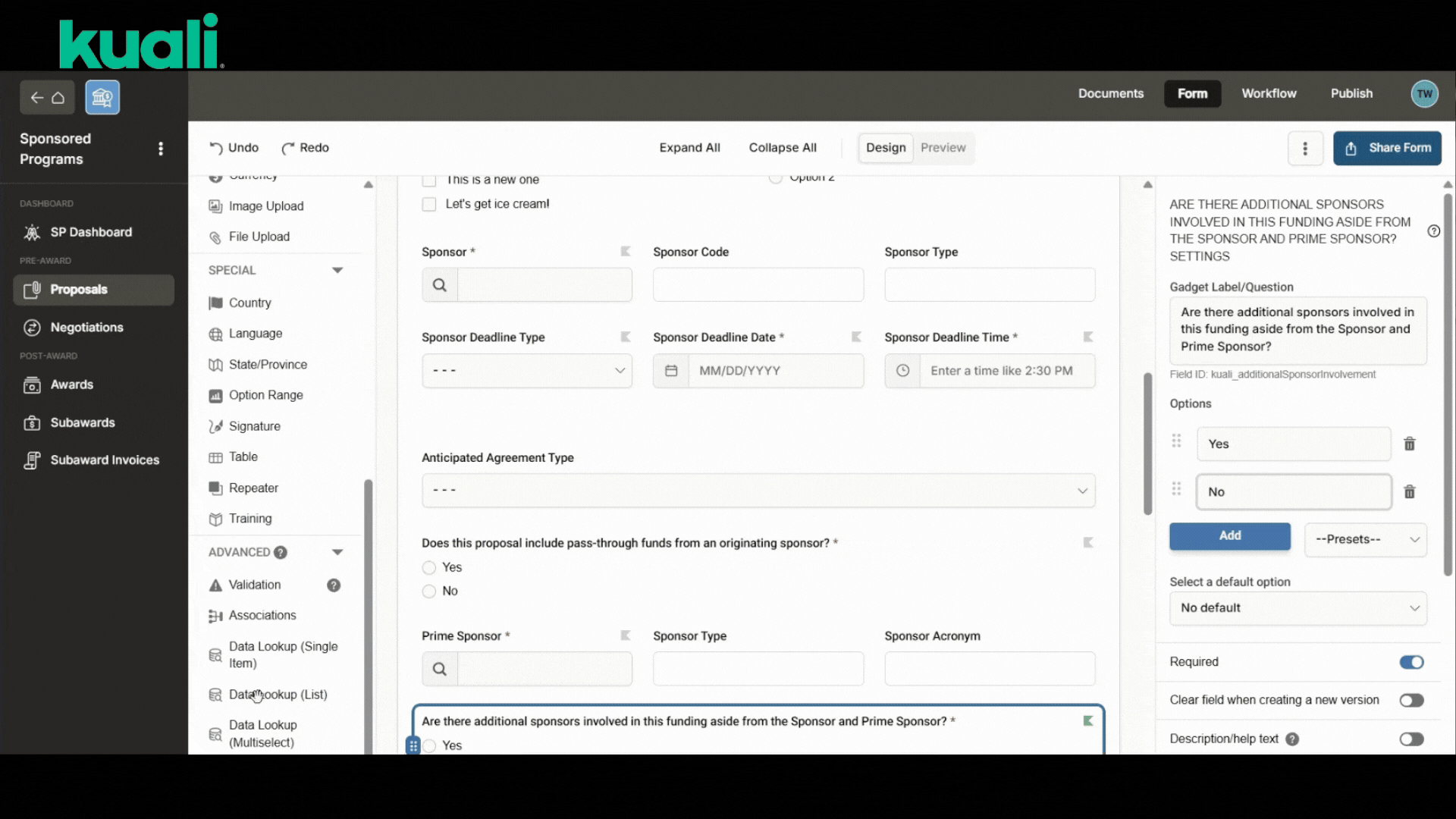 Kuali custom research workflow creation example